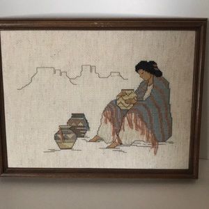 Framed Native American themed cross stitch